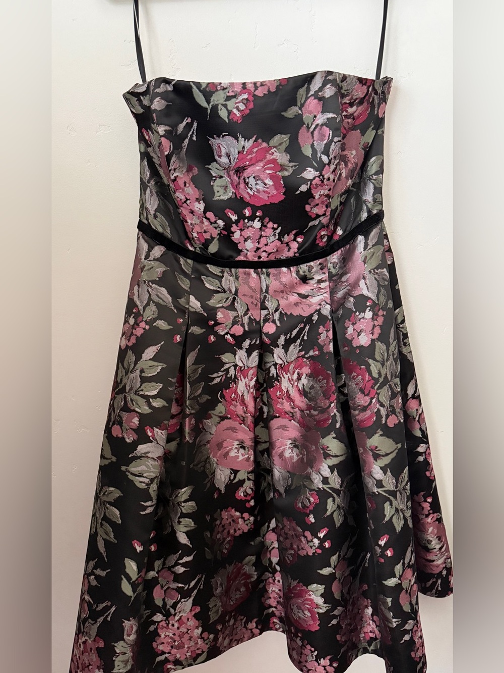 WHBM Black Strapless Floral Dress with Pink Roses
